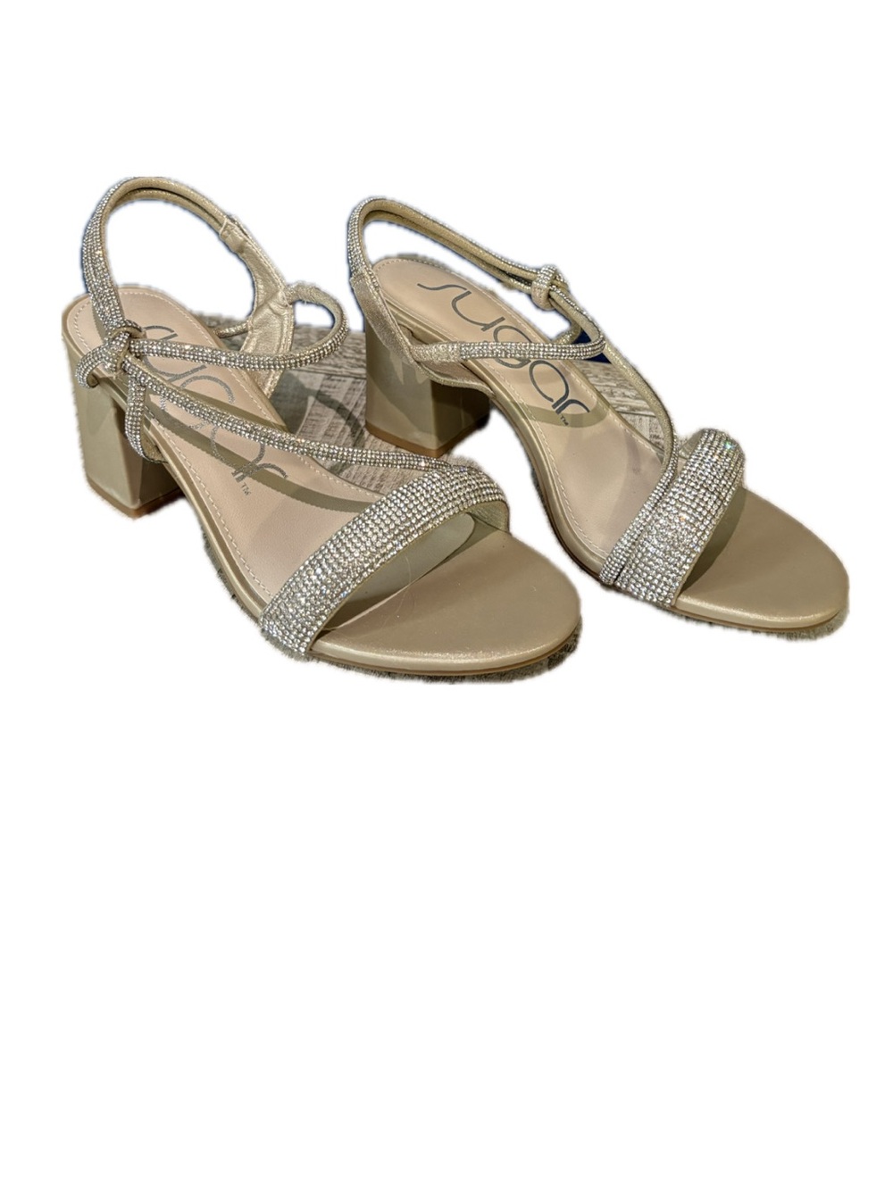 Unisa Champagne Crystal-Strap Block Heel Sandals